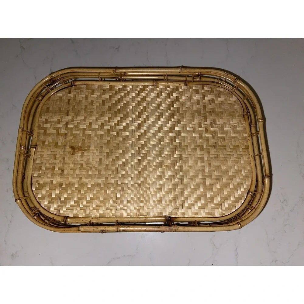 Vintage Mid Century Wicker Rattan Bamboo‎ Serving Trays Tiki Lap Stacking- 8